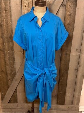 Lauren Ralph Lauren Cobalt Blue Shirt Dress Tie Waist Stretch Size 16 Work Prep